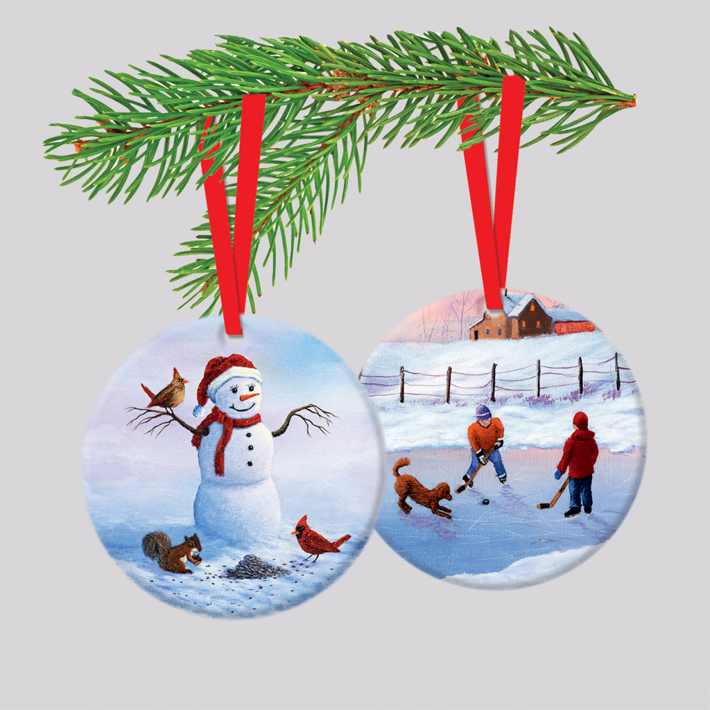 Ceramic Keepsake Ornaments - Set of 2 </br> Winter Friends & </br> Pass the Puck</br> By Shane Lynch