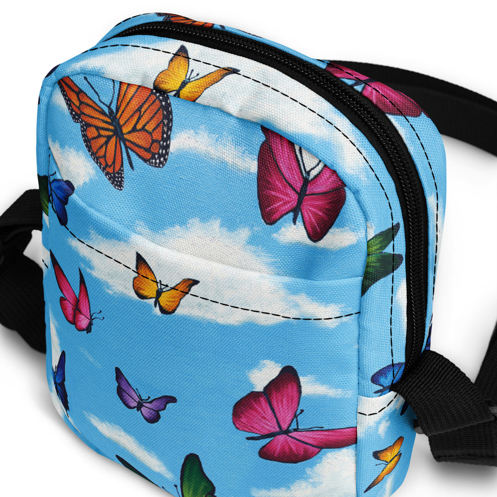 Utility crossbody bag<br> Raining Butterflies <br> by Maria Guadalupe Rivera Rosas