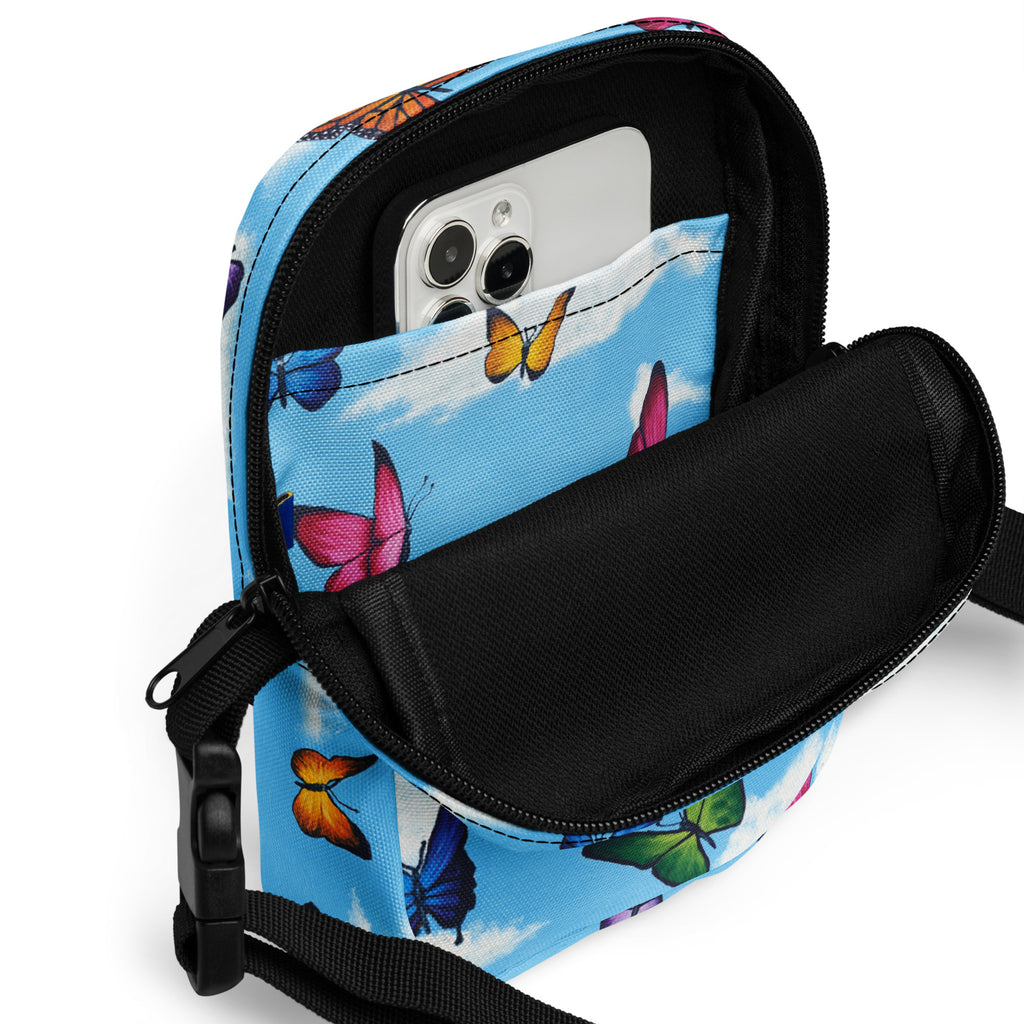 Utility crossbody bag<br> Raining Butterflies <br> by Maria Guadalupe Rivera Rosas